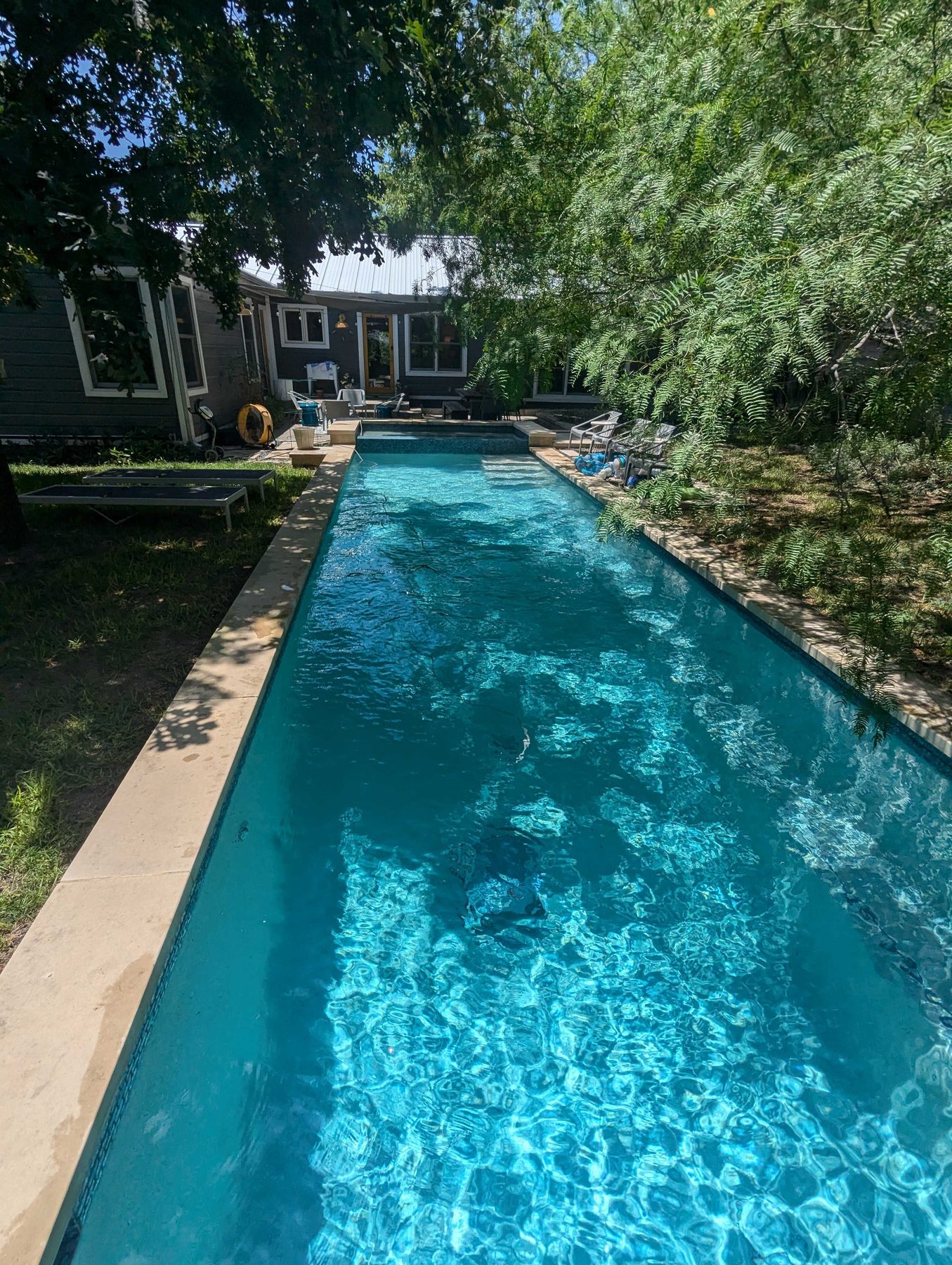 A long rectangular pool with clear blue water, surrounded by a fenced yard and trees.