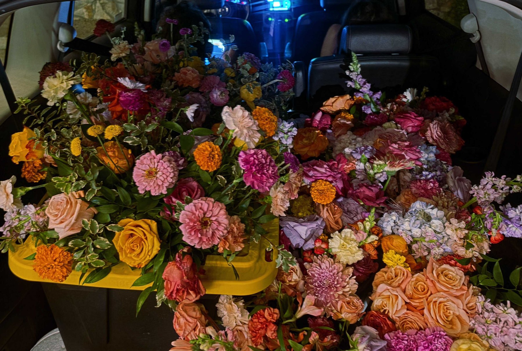 The back of a car at night, loaded end to end with cut flowers. Roses, zinnias, marigolds, carnations and hydrangea in pink, orange, cream and lilac, heaped over the folded seats and a yellow crate.