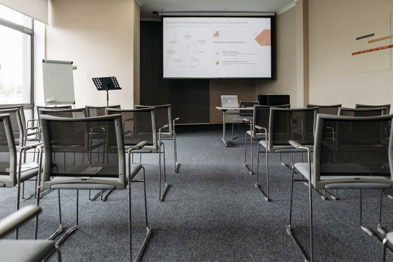 A plain training room set up before a session, with chairs facing a screen and a flip chart to one side.